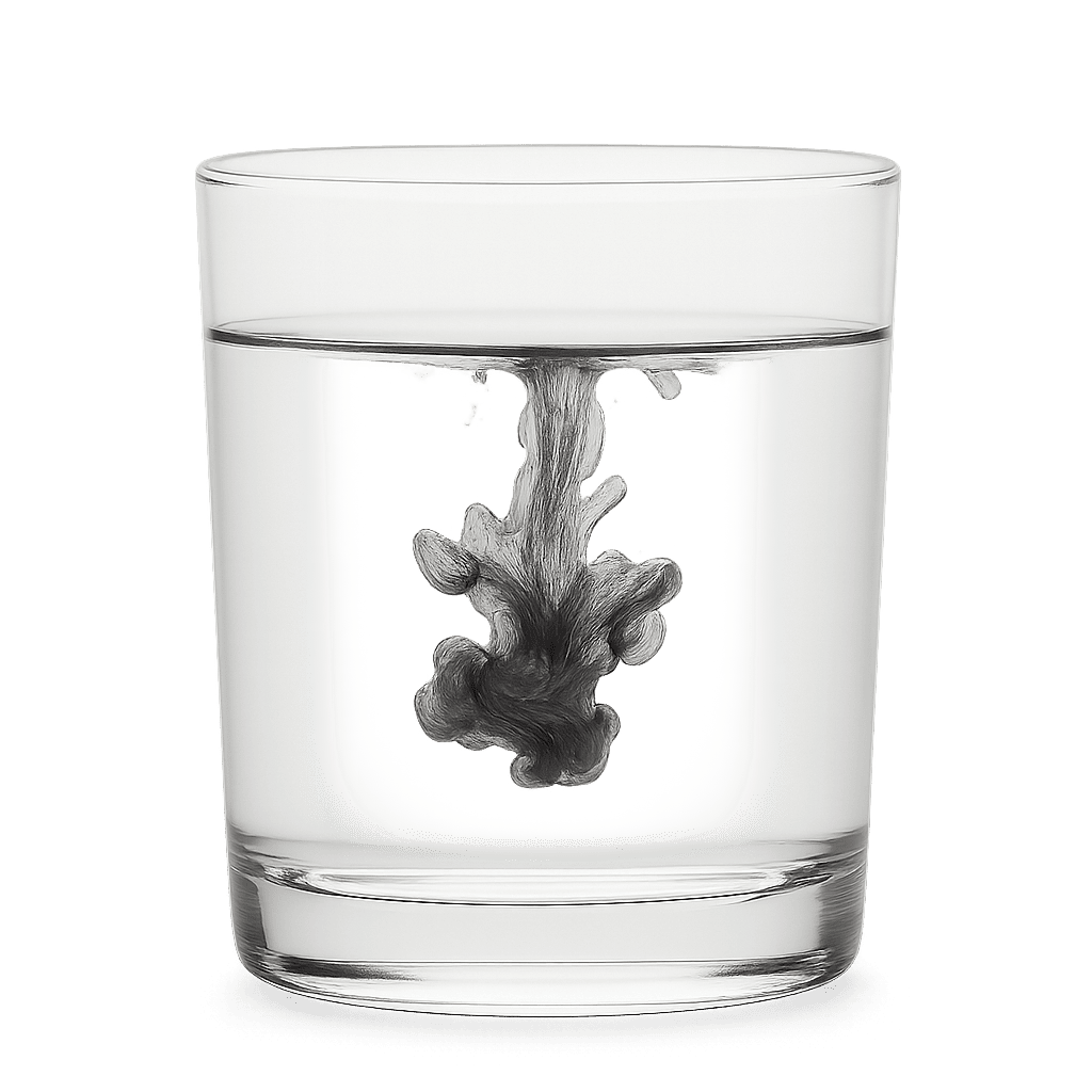 A glass of clear water with a single drop of dark ink spreading through it, symbolizing how one thought can affect our entire reality.