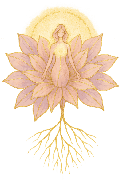 Artistic illustration depicting a woman connected to life through her roots, in a quantum way.